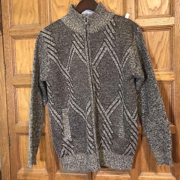 Geometric Design Knit Cardigan Sweater Men's XL Full Zip Plaid Fleece Lined Zip - Picture 2 of 11